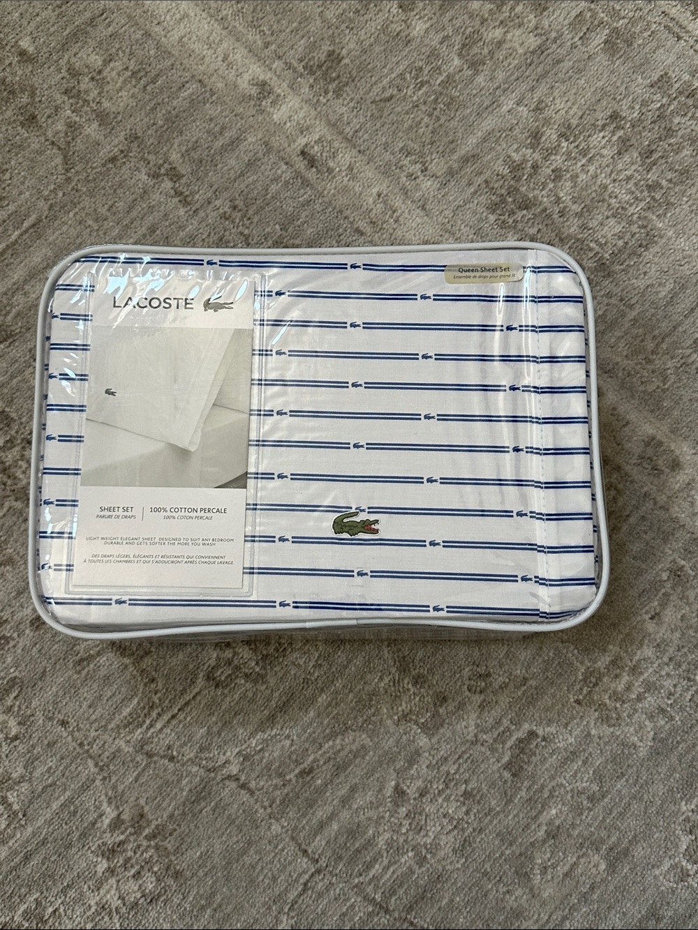 Lacoste Queen Crocodile Stripe Cobalt Sheet Set. NWT’s.
